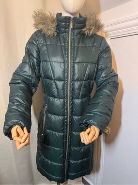 Gallery Teal Quilted Puffer Coat with Faux Fur Trim